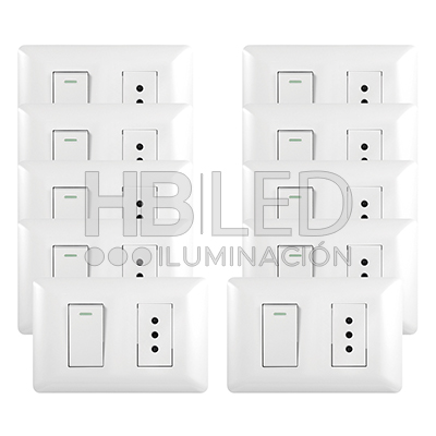 Pack 10 Tomacorriente Simple 10A 250V + Interruptor Simple 9/12 10A 250V Blanco (SKU:36093-10) https://www.hbled.cl/wp-content/uploads/2024/10/36093-pack10.jpg