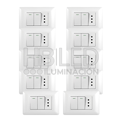 Pack 10 Tomacorriente Simple 10A 250V + Interruptor Doble 9/12 10A 250V Blanco (SKU:36094-10) https://www.hbled.cl/wp-content/uploads/2024/10/36094-pack10.jpg
