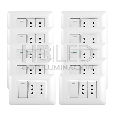 Pack 10 Tomacorriente Doble 10A 250V + Interruptor Simple 9/12 10A 250V Blanco (SKU:36095-10) https://www.hbled.cl/wp-content/uploads/2024/10/36095-pack10.jpg