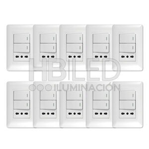 Pack 10 Tomacorriente Simple 10/16A 250V + Interruptor Doble 9/12 10A Blanco (SKU:36100-10)