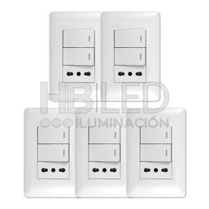 Pack 5 Tomacorriente Simple 10/16A 250V + Interruptor Doble 9/12 10A Blanco (SKU:36100-5)