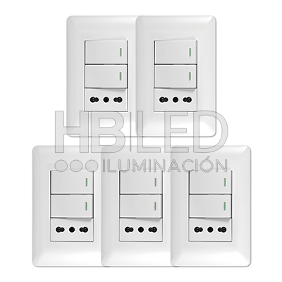 Pack 5 Tomacorriente Simple 10/16A 250V + Interruptor Doble 9/12 10A Blanco (SKU:36100-5) https://www.hbled.cl/wp-content/uploads/2024/10/36100-pack5.jpg