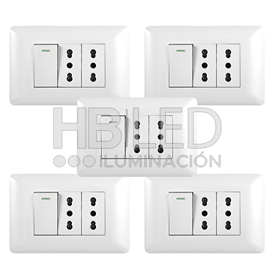 Pack 5 Tomacorriente Doble 10/16A 250V + Interruptor Simple 9/12 10A Blanco (SKU:36101-5) https://www.hbled.cl/wp-content/uploads/2024/10/36101-pack5.jpg