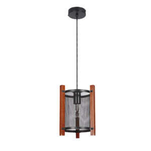 Lámpara Colgante E-27 Diseño Rejilla Con Madera