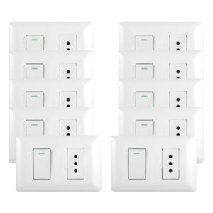 Pack 10 Tomacorriente Simple 10A 250V + Interruptor Simple 9/12 10A 250V Blanco