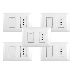 Pack 5 Tomacorriente Simple 10A 250V + Interruptor Simple 9/12 10A 250V Blanco