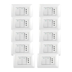 Pack 10 Tomacorriente Simple 10A 250V + Interruptor Doble 9/12 10A 250V Blanco