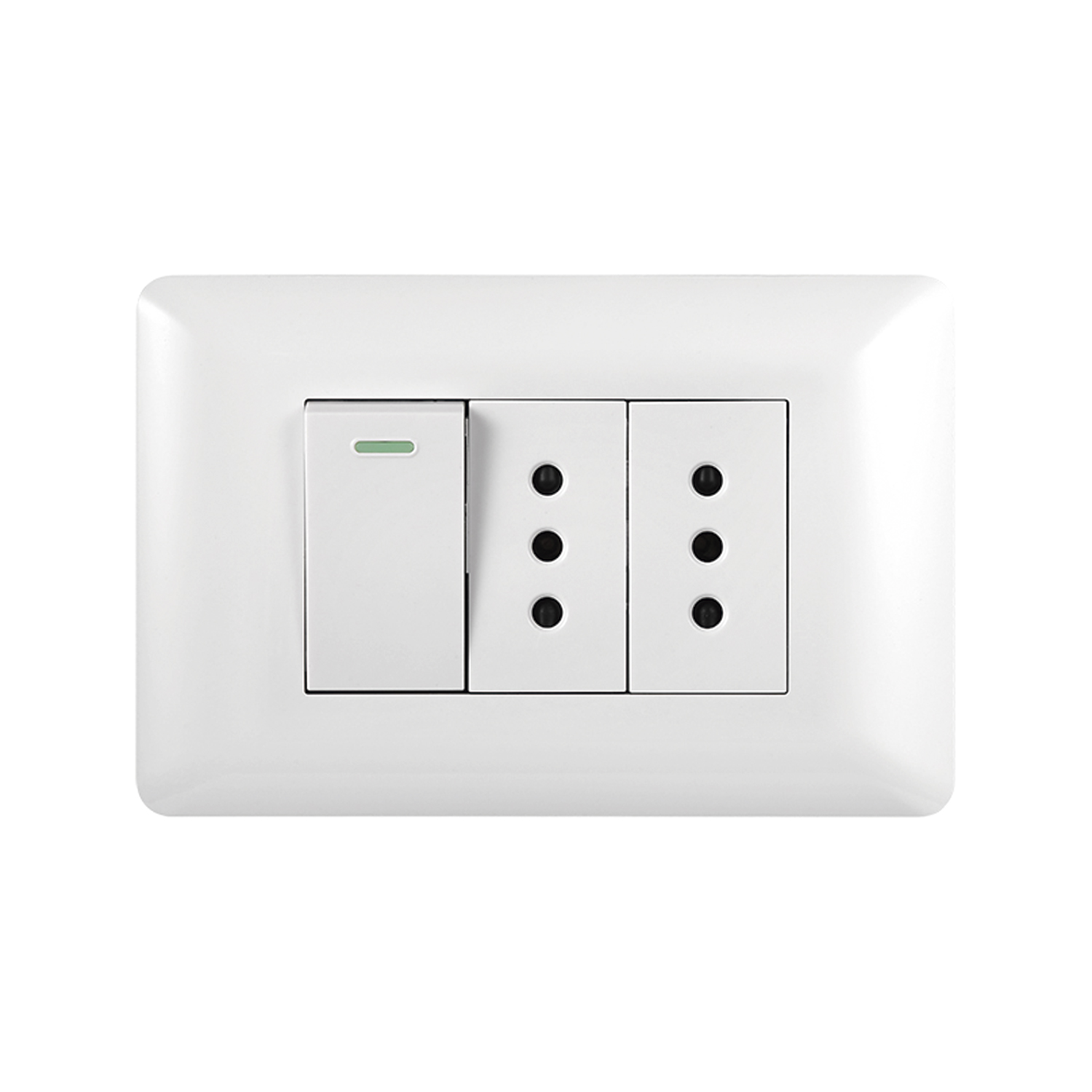 Pack 10 Tomacorriente Doble 10A 250V + Interruptor Simple 9/12 10A 250V Blanco (SKU:36095-10) https://www.hbled.cl/wp-content/uploads/2025/04/36095-1.jpg