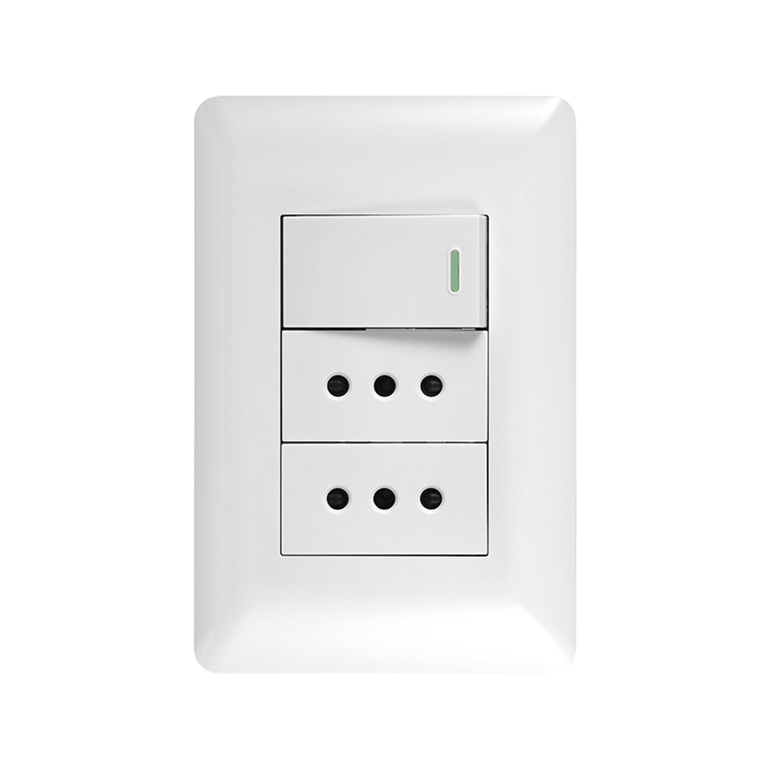 Pack 10 Tomacorriente Doble 10A 250V + Interruptor Simple 9/12 10A 250V Blanco (SKU:36095-10) https://www.hbled.cl/wp-content/uploads/2025/04/36095-2.jpg
